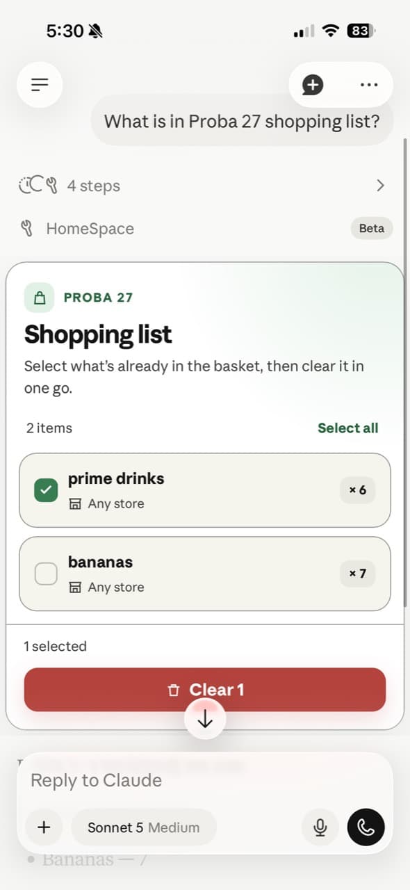Claude showing an interactive HomeSpace shopping list with an item selected