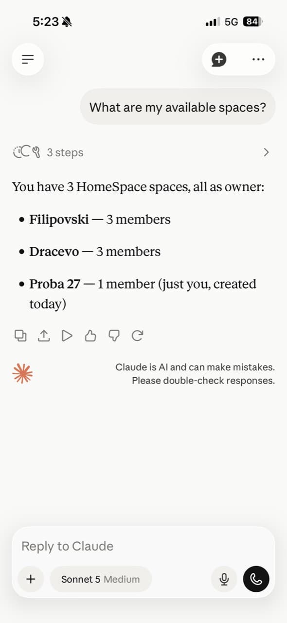 Claude listing three available HomeSpace spaces
